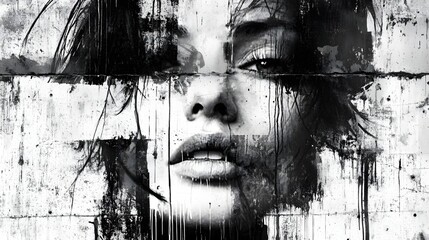 Leinwandbilder - Dramatic moody portrait of a pensive captivating woman with water dripping down her face set against a grungy urban concrete wall background