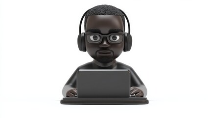 Cartoon character with headphones working on laptop in a minimalist workspace
