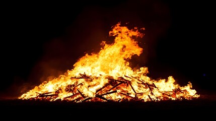Poster - Dramatic Scene of a Raging Bonfire Burning Fiercely in the Darkness of the Night with Intense Flames Glowing Embers and Towering Plumes of Smoke Rising into the Sky