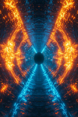 Poster - Abstract digital tunnel with blue and orange glowing lines converging towards the center, representing futuristic technology, motion, and energy flow.