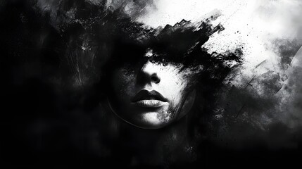 Poster - Dramatic surreal portrait with obscured facial features in a smoky moody atmosphere evoking feelings of mystery introspection and emotional depth