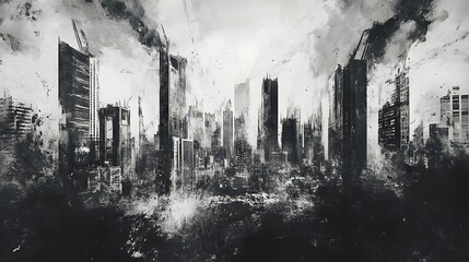Poster - Dystopian Cityscape in Monochrome Tones Depicting an Ominous Abandoned Metropolis
