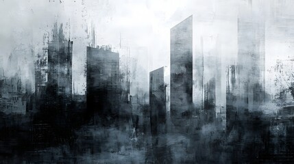Poster - Dystopian urban landscape with towering minimalist structures in monochrome hues creating a moody and ominous atmosphere  The abstract cityscape evokes a sense of foreboding and uncertainty