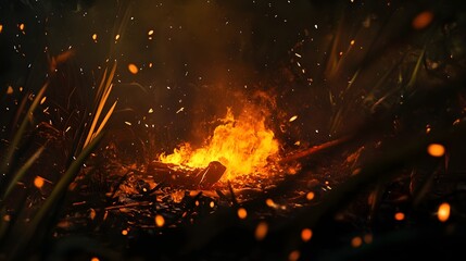 Poster - Intense burning flames engulfing the wilderness landscape creating a dramatic and apocalyptic scene of destruction and power  The fiery blaze illuminates the night with a mesmerizing yet dangerous