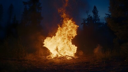 Poster - Intense explosion of bright orange and yellow flames lighting up the night sky illuminating the surrounding wilderness in a dramatic display of fiery energy danger and destruction