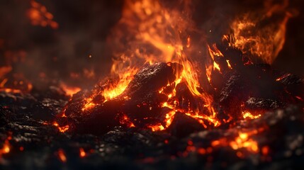 Poster - Intense fiery blaze with blazing ember and crackling flames in a natural outdoor environment  The raging fire creates a dramatic and powerful scene with vibrant colors textures and energy