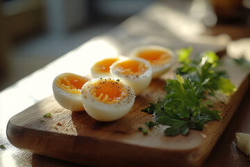 Wall Mural - Soft-boiled eggs cut in half and garnished with parsley on a wooden board, showcasing a healthy breakfast concept with fresh, organic ingredients.