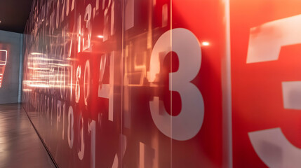 Red wall with numbers, modern interior design, possible use for art or architecture showcase