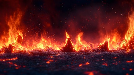 Poster - Intense fiery wildfire raging across a vast scorched landscape creating a dramatic apocalyptic scene of destruction and devastation  The roaring flames glowing embers