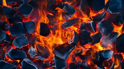 Poster - Intense flames and glowing embers of a raging fiery inferno with scorching heat and powerful energy radiating from the burning coals and magma like embers  Dramatic