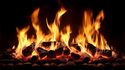 Poster - Intense flames dancing in a fiery blaze of bright light and crackling heat  Glowing embers charred wood and billowing smoke create a dramatic high energy scene of raw natural power and combustion