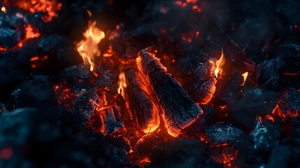 Poster - Intense flames engulf charred logs emitting a fiery glow and billowing smoke in a dramatic blaze  The image captures the raw primal power of an out of control fire