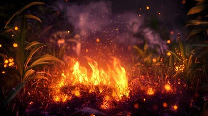 Poster - Intense forest fire burning through dry vegetation with scorching flames billowing smoke and an ominous glow illuminating the night sky