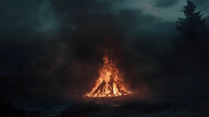 Poster - Majestic bonfire burning brightly in the heart of a dark tranquil forest setting casting a warm flickering glow over the serene landscape under the night sky
