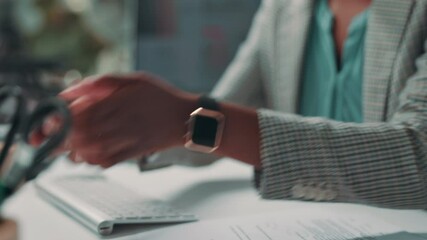 Poster - Smart watch, scroll and hands of business woman in office for message notification, clock or monitor. Wireless connection, search and typing with closeup of employee and phone for time or mobile link