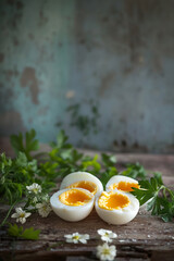 Wall Mural - Hard-boiled eggs cut in half, revealing bright yellow yolks, surrounded by fresh parsley leaves and delicate white flowers on a rustic wooden surface. Symbolizing healthy and fresh ingredients.