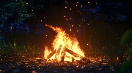Poster - Mesmerizing and vibrant bonfire blazing in a tranquil wooded landscape at night with crackling flames glowing embers and a warm cozy atmosphere perfect for outdoor adventures camping or rustic