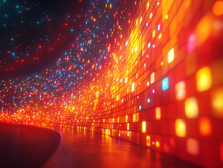 Poster - Abstract vibrant tunnel of glowing colorful blocks and particles.  Perfect for tech, data, innovation, futuristic, or digital art projects.  Creates a sense of movement and energy.