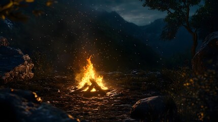 Poster - Mesmerizing nighttime scene of a roaring campfire glowing amidst a dramatic mountain landscape with the stars twinkling in the dark sky above