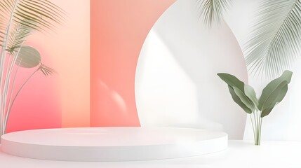 Poster - Minimal White Podium Display with Tropical Leaves and Pink Background