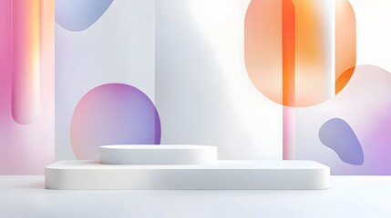 Poster - Minimalist Pastel Gradient Abstract Shapes on Display Podium 3D Render