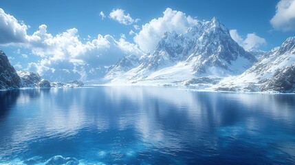 Majestic snow-capped mountains reflect in a serene blue lake under a clear sky