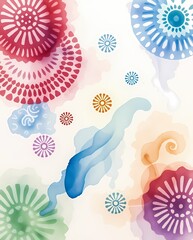 Poster - Colorful abstract watercolor  design featuring circular patterns and fluid shapes in various hues. Generative AI