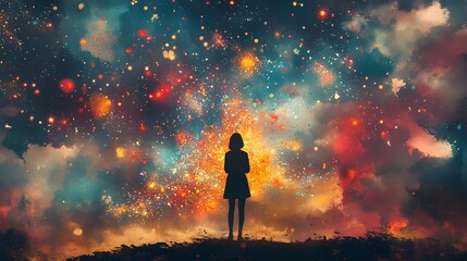 Poster - Silhouetted figure standing amidst a captivating cosmic landscape filled with exploding colors swirling clouds and twinkling stars creating a sense of wonder and