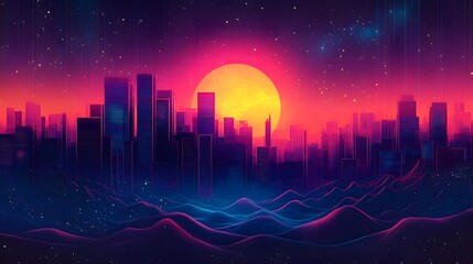 Aufkleber - Striking digital of a futuristic cityscape with glowing neon highrise buildings and a vibrant colorful sunset sky filled with stars  The scene has a moody atmospheric and retrofuturistic aesthetic