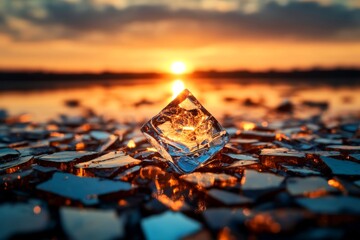 Poster - Sunset reflecting on shards of ice by the water’s edge creates a serene winter landscape in the evening
