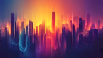 Poster - Stunning cityscape with a vibrant skyline of modern skyscrapers and high rise buildings illuminated by the warm glow of sunrise or sunset  The urban landscape reflects the lights and colors