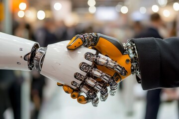 Poster - Hands of technology connect in a handshake symbolizing collaboration between humans and robots at an innovation expo