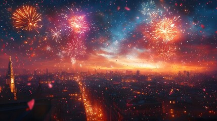 Aufkleber - Stunning fireworks exploding in a vibrant array of colors against the backdrop of a captivating cityscape