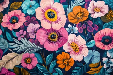 Canvas Print - Vibrant floral pattern featuring colorful blooms on a dark background, perfect for spring and summer designs, emphasizing beauty and nature