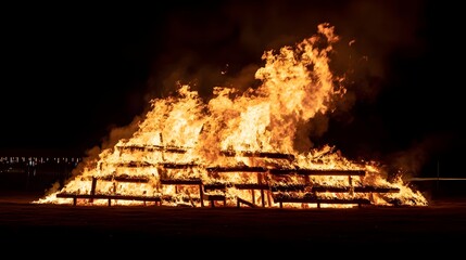 Poster - Towering flames and billowing smoke consuming a wooden structure illuminating the night sky with an intense fiery glow and energy  A raging inferno fueled by the elements