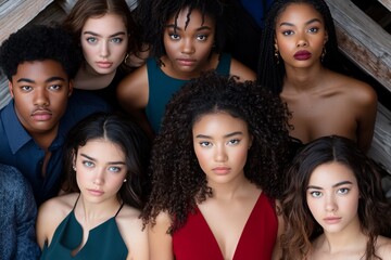 Diverse group of young models posing together in striking colors and styles