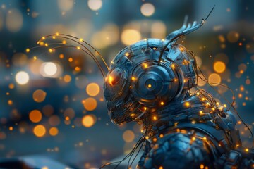 Poster - Futuristic robot with glowing details in a bustling urban environment at sunset