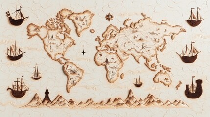 Poster - a faded, sepia toned world map from the 16th century, adorned with intricate illustrations of sea mo