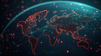 Poster - a futuristic world map projected onto a holographic display, featuring glowing lines representing gl