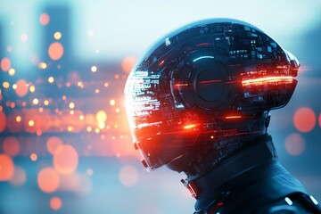 Poster - Futuristic robotic figure with glowing elements against a blurred urban background during twilight hours