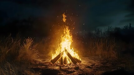 Poster - Vibrant bonfire with flickering flames and glowing embers illuminating a dark rural landscape under a starry night sky  Campfire burning in a grassy field