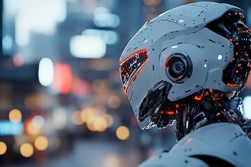 Poster - Futuristic robot head illuminated by city lights at night with vibrant bokeh
