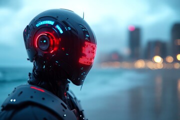 Poster - Futuristic robot standing by the ocean against a city skyline at dusk