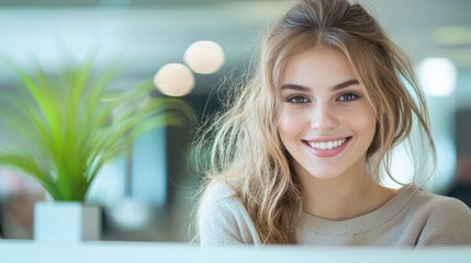 Wall Mural - A bank teller smiling warmly while assisting a customer across the counter, representing trust, reliability, and personalized financial support.