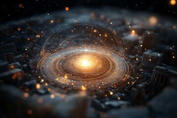 Aufkleber - Cosmic swirl of light and energy over a futuristic cityscape at night