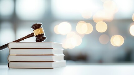 Wall Mural - A stack of accounting books with a gavel resting on top, representing legal compliance, financial transparency, and accurate record keeping.