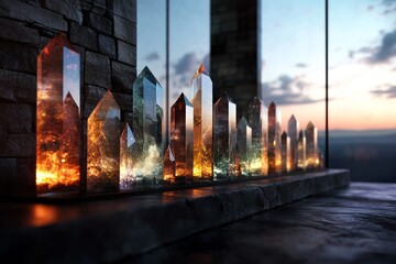 Poster - Colorful crystal formations shining in the warm light of sunset near a stone wall in a serene environment