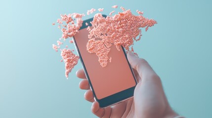 Poster - a hand holding a smartphone with a holographic projection of a world map, showcasing real time globa