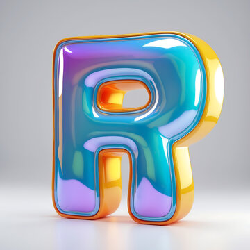 Glossy Letter R with Vibrant Iridescent Colors and Yellow Border