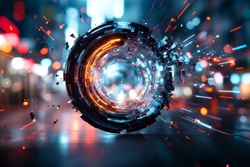Poster - Vivid futuristic circular portal with glowing lights and dynamic energy effects in an urban setting at night